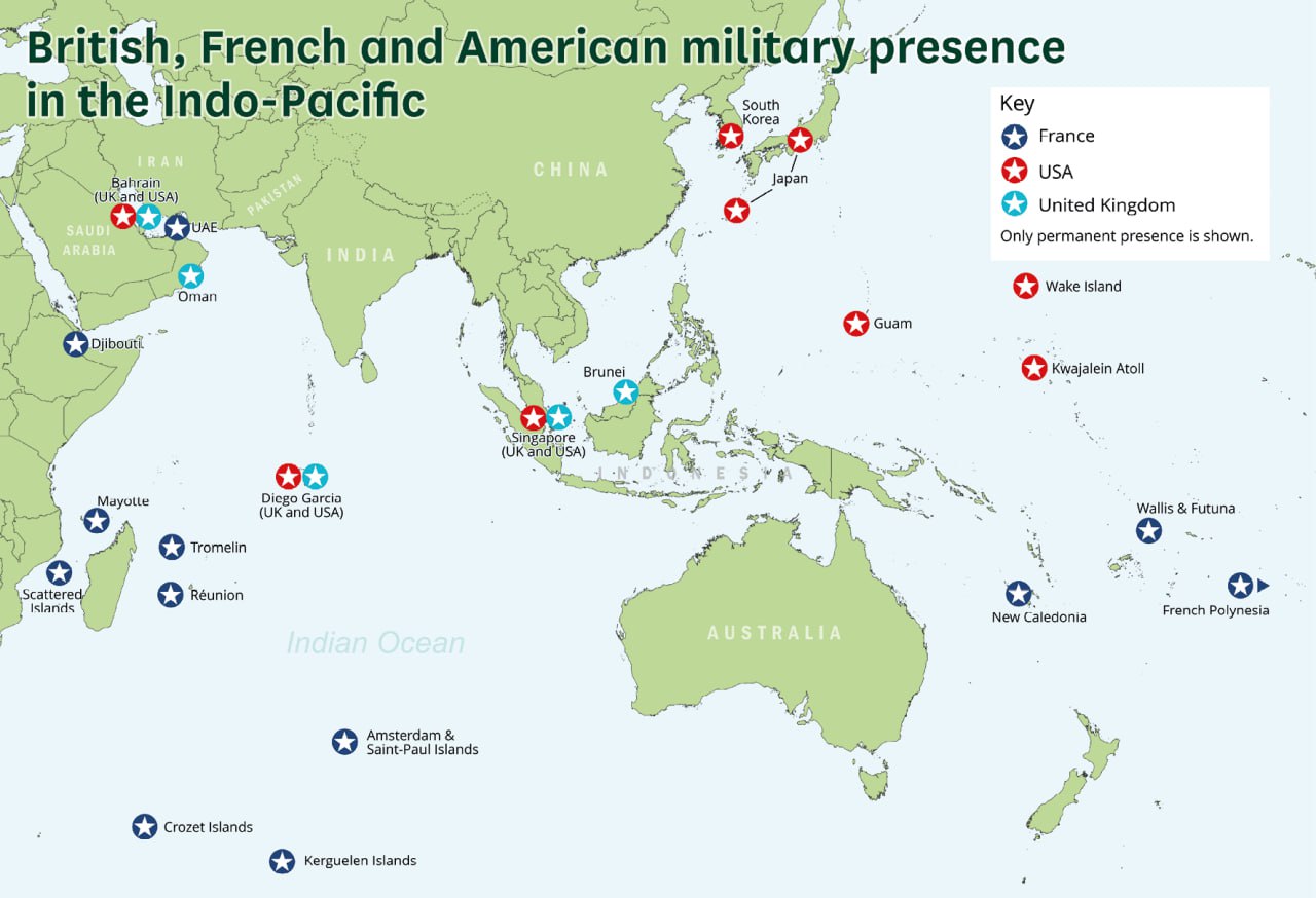 Базы США Азиатско-Тихоокеанский регион 2024 год. Present Pacific. Predomentatory British French.